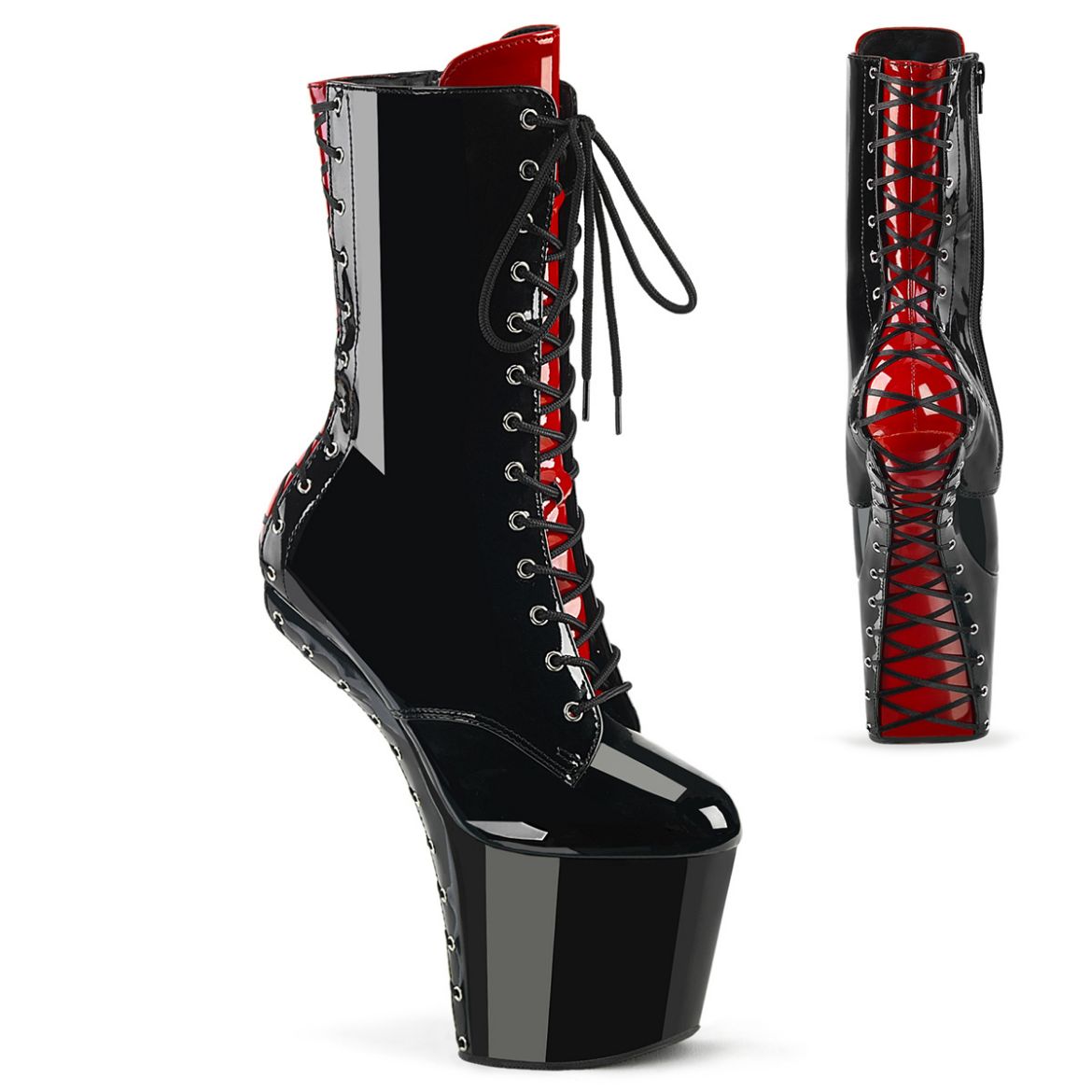Product image of Pleaser CRAZE-1040FH Blk-Red Pat/Blk Red 8 Inch Heel 3 Inch PF Two Tone Lace-Up Ankle Boot Size Zip