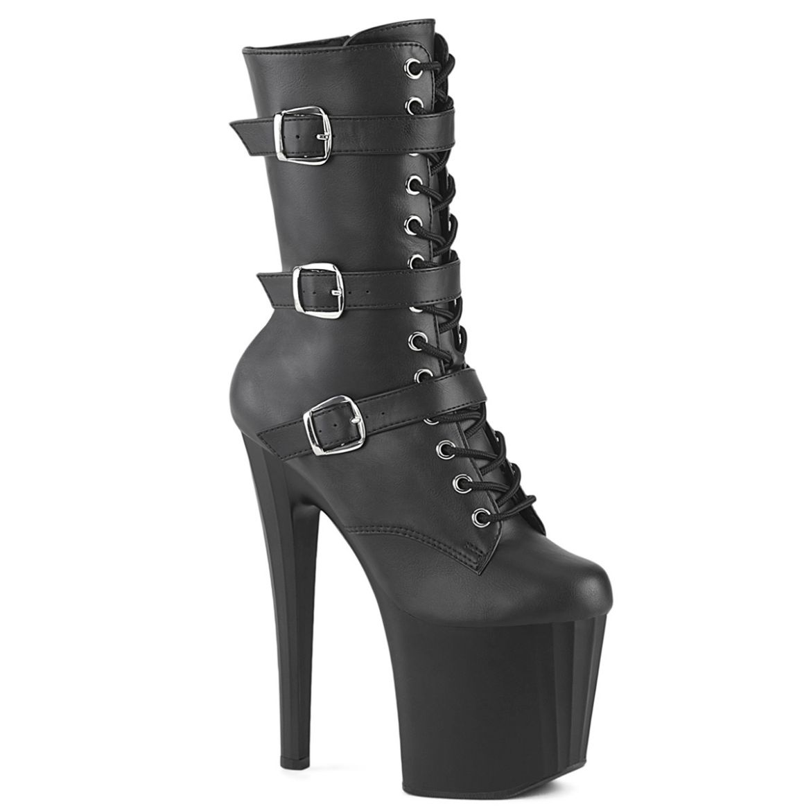 Product image of Pleaser ENCHANT-1043 Blk Faux Le/Blk Matte 7 1/2 Inch Heel 3 1/2 Inch PF Buckled Strap Ankle Boot Side Zip