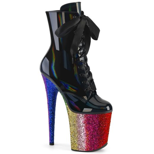 Product image of Pleaser FLAMINGO-1020HG Blk Holo Pat/Rainbow Glitter 8 Inch Heel 4 Inch PF Lace-Up Front Ankle Boot Side Zip