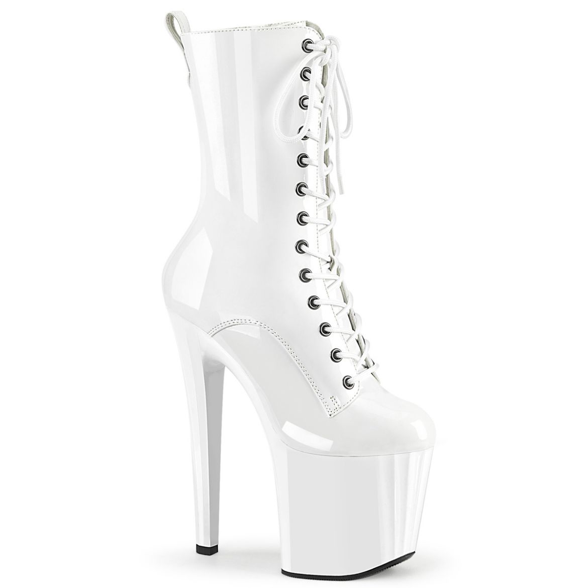 Product image of Pleaser ENCHANT-1040 Wht Pat/Wht 7 1/2 Inch Heel 3 1/2 Inch PF Lace-Up Mid Calf Boot Side Zip