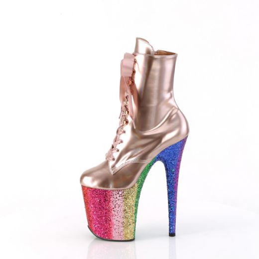 Product image of Pleaser FLAMINGO-1020HG Rose Gold Holo Pat/Rainbow Glitter 8 Inch Heel 4 Inch PF Lace-Up Front Ankle Boot Side Zip