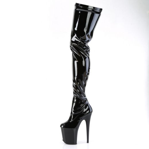Product image of Pleaser FLAMINGO-4000 Blk Str. Pat/Blk 8 Inch Heel 4 Inch PF Stretch Crotch Boot Side Zip