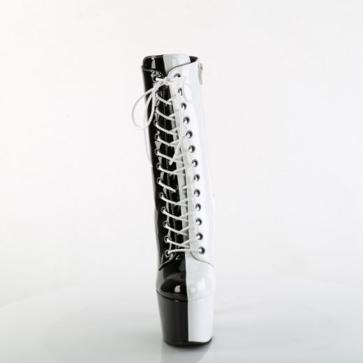 Product image of Pleaser ADORE-1040TT Blk-Wht Pat/Blk-Wht 7 Inch Heel 2 3/4 Inch PF Two Tone Lace-Up Ankle Boot Side Zip