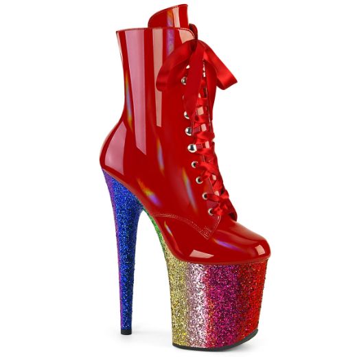 Product image of Pleaser FLAMINGO-1020HG Red Holo Pat/Rainbow Glitter 8 Inch Heel 4 Inch PF Lace-Up Front Ankle Boot Side Zip