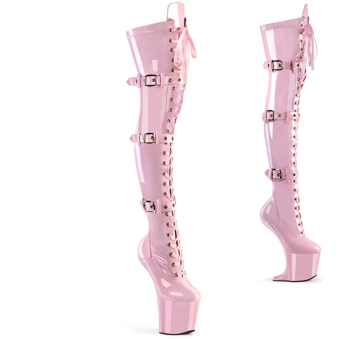 Product image of Pleaser CRAZE-3028 B. Pink Str. Pat/B. Pink 8 Inch Heelless 3 Inch PF Lace-Up Front Thigh Boot Side Zip