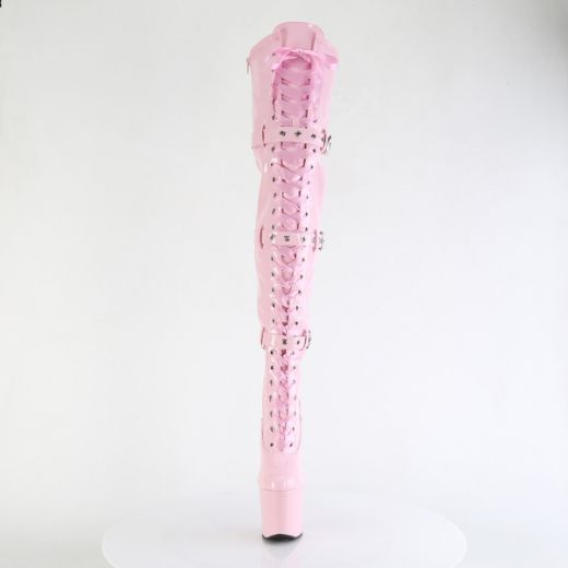 Product image of Pleaser CRAZE-3028 B. Pink Str. Pat/B. Pink 8 Inch Heelless 3 Inch PF Lace-Up Front Thigh Boot Side Zip
