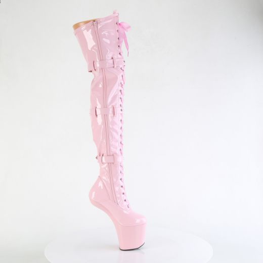 Product image of Pleaser CRAZE-3028 B. Pink Str. Pat/B. Pink 8 Inch Heelless 3 Inch PF Lace-Up Front Thigh Boot Side Zip
