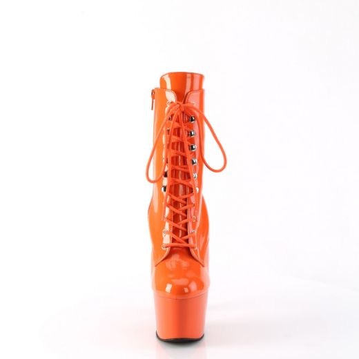 Product image of Pleaser ADORE-1020 Orange Pat/Orange 7 Inch Heel 2 3/4 Inch PF Lace-Front Ankle Boot Side Zip