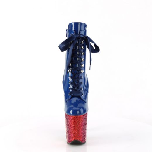 Product image of Pleaser FLAMINGO-1020HG Royal Blue Holo Pat/Rainbow Glitter 8 Inch Heel 4 Inch PF Lace-Up Front Ankle Boot Side Zip