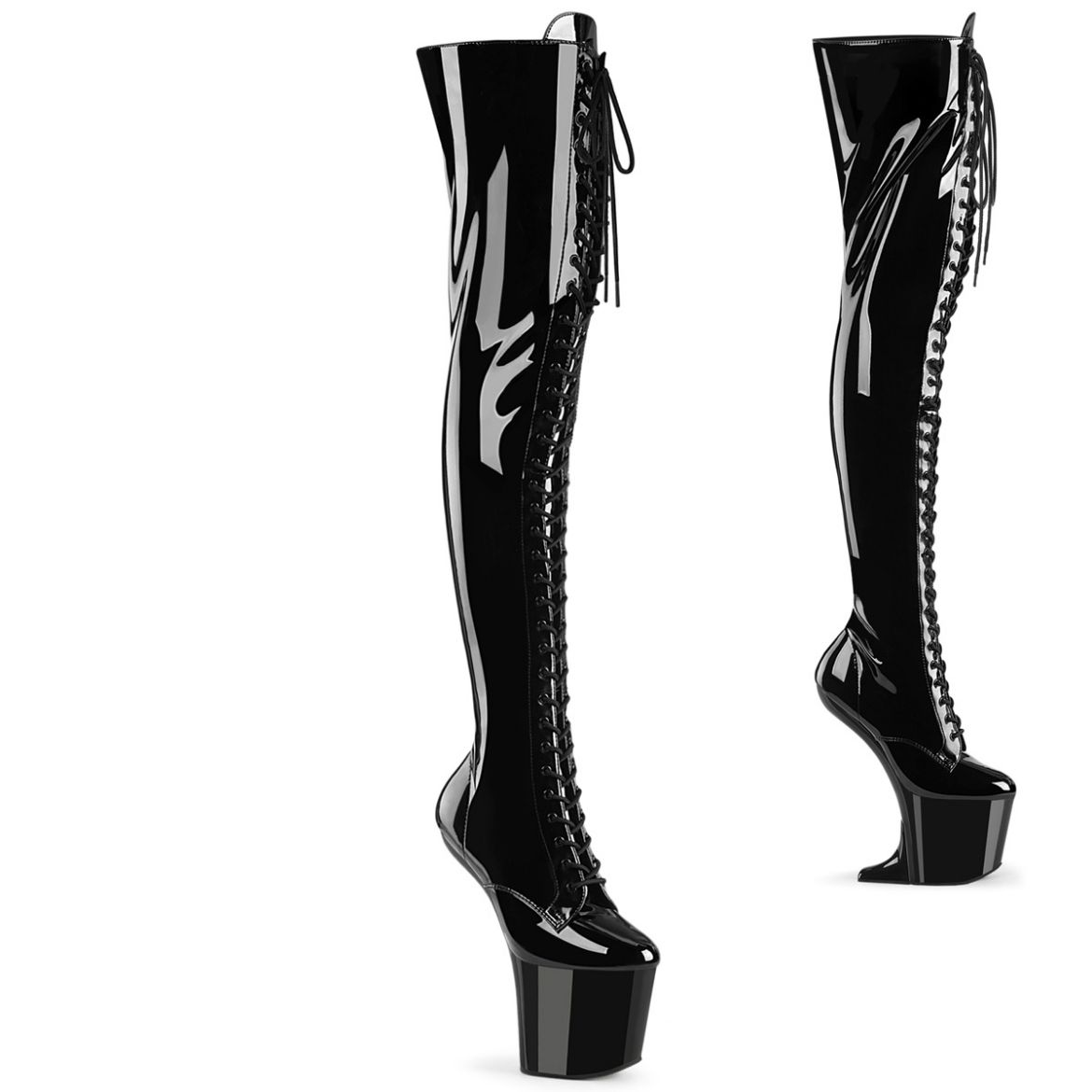 Product image of Pleaser CRAZE-3023 Blk Pat/Blk 8 Inch Heelless 3 Inch PF Lace-Up Stretch Thigh Boot Side Zip