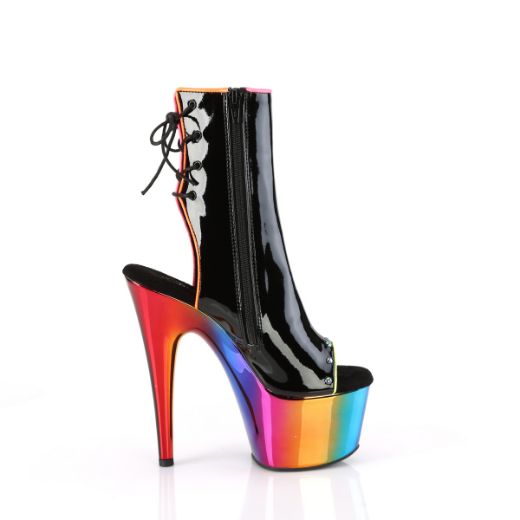 Product image of Pleaser ADORE-1018RC-02 Blk Pat/Rainbow Chrome 7 Inch Heel 2 3/4 Inch PF Open Toe/Back Ankle Boot Side Zip