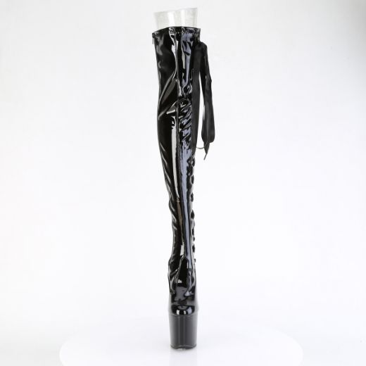 Product image of Pleaser CRAZE-3050 Blk Str. Pat/Blk 8 Inch Heelless 3 Inch PF Thigh  Boot w/Side Ribbon Lace Side Zip