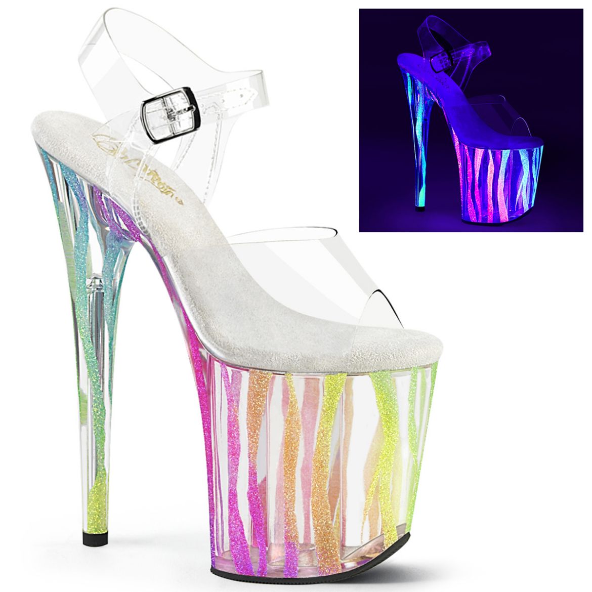 Product image of Pleaser FLAMINGO-808RG-03 Clr/Rainbow Glitter 8 Inch Heel 4 Inch PF Ankle Strap Sandal w/UV Reactive Bottom