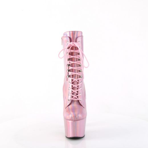 Product image of Pleaser ADORE-1020HG B. Pink Holo/B. Pink Holo 7 Inch Heel 2 3/4 Inch PF Lace-Up Front Ankle Boot Side Zip