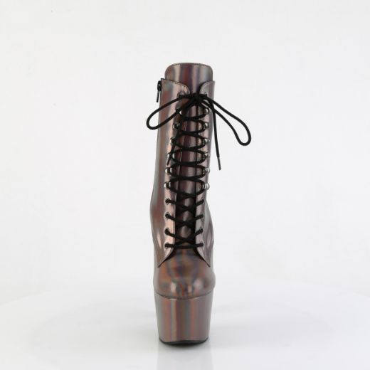 Product image of Pleaser ADORE-1020HG Gun Metal Holo/Matching 7 Inch Heel 2 3/4 Inch PF Lace-Up Front Ankle Boot Side Zip
