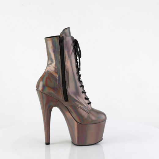 Product image of Pleaser ADORE-1020HG Gun Metal Holo/Matching 7 Inch Heel 2 3/4 Inch PF Lace-Up Front Ankle Boot Side Zip