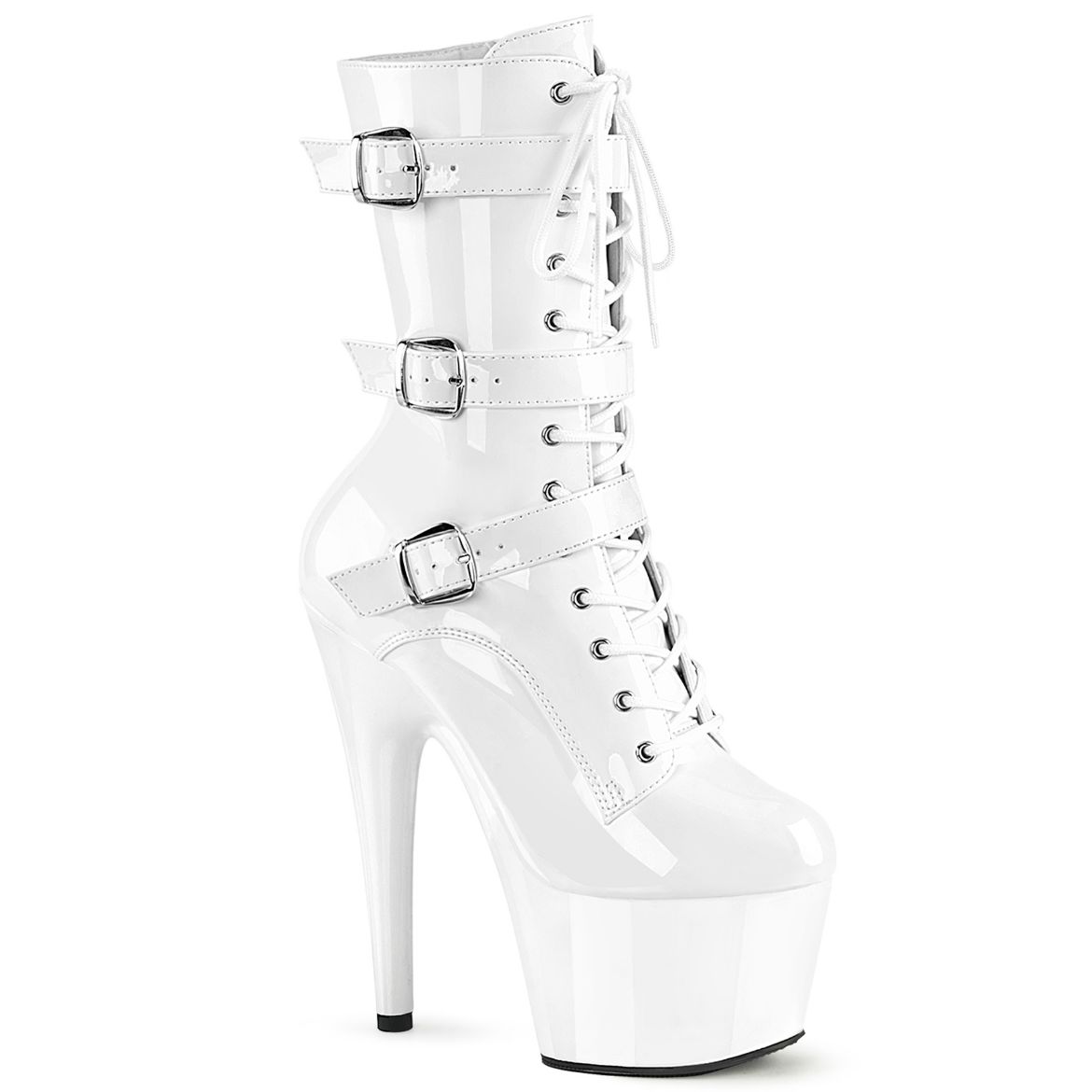 Product image of Pleaser ADORE-1043 Wht Pat/Wht Pat 7 Inch Heel 2 3/4 Inch PF Lace-Up Front Ankle Boot Side Zip