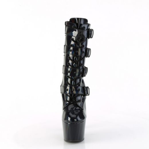 Product image of Pleaser ADORE-1046 Blk Holo Pat/Matching 7 Inch Heel 2 3/4 Inch PF Lace-Up Front Ankle Boot Side Zip