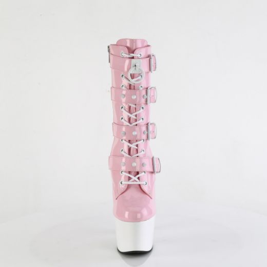 Product image of Pleaser ADORE-1046TT B. Pink Holo Pat/Wht 7 Inch Heel 2 3/4 Inch PF Two Tone Lace-Up Ankle Boot Side Zip