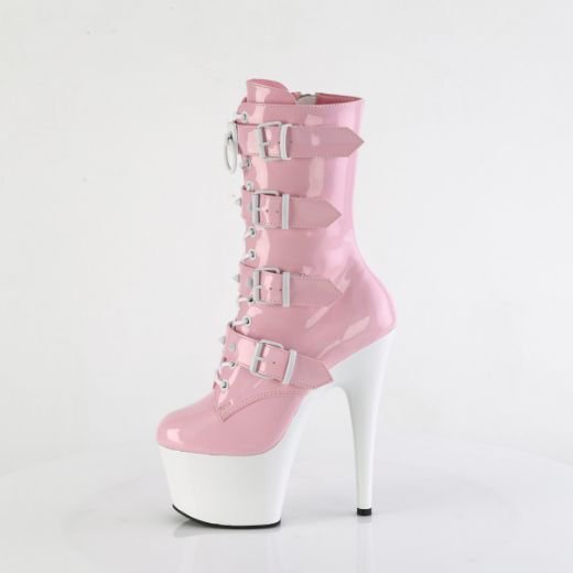 Product image of Pleaser ADORE-1046TT B. Pink Holo Pat/Wht 7 Inch Heel 2 3/4 Inch PF Two Tone Lace-Up Ankle Boot Side Zip