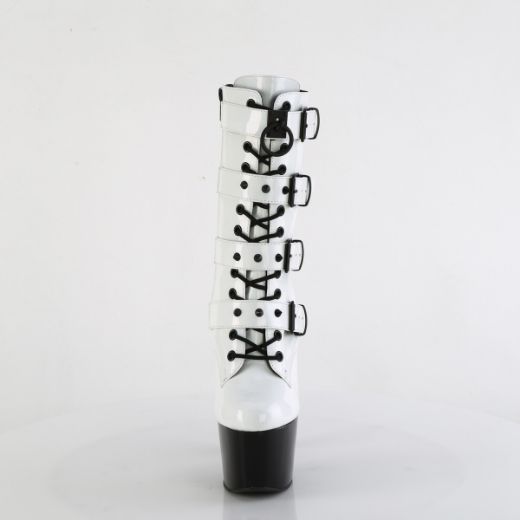 Product image of Pleaser ADORE-1046TT Wht Holo Pat/Blk 7 Inch Heel 2 3/4 Inch PF Two Tone Lace-Up Ankle Boot Side Zip