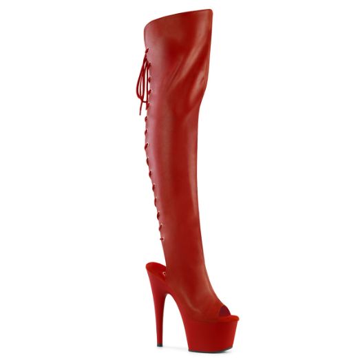 Product image of Pleaser ADORE-3019 Red Faux Leather/Red Matte 7 Inch Heel 2 3/4 InchPF Open Toe/Heel Over-The-Knee Boot Side Zip