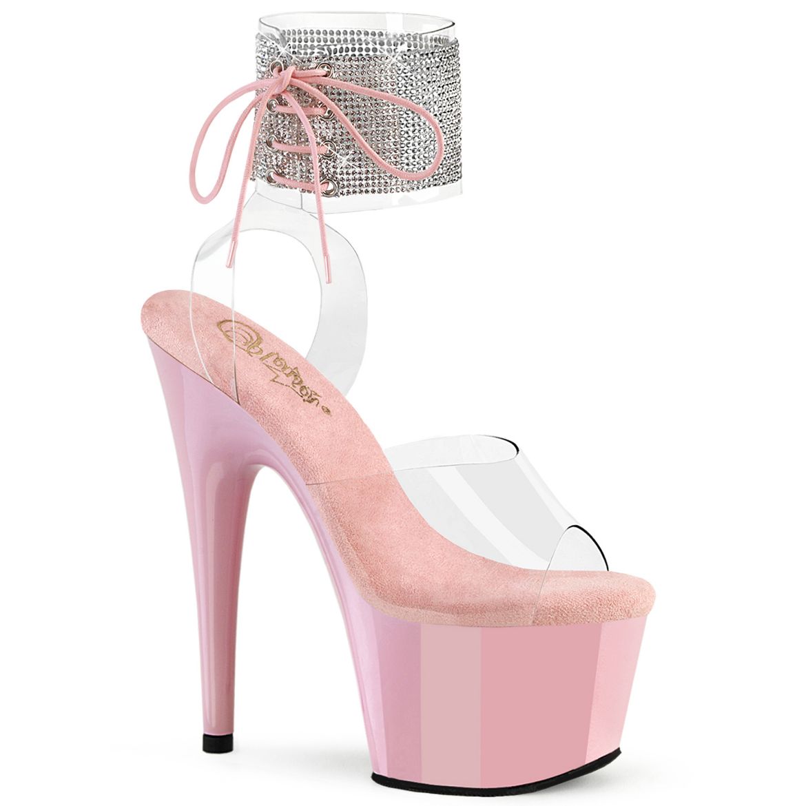 Product image of Pleaser ADORE-791-2RS Clr/B. Pink 7 Inch Heel 2 3/4 Inch PF Rhinestoned Ankle Cuff Sandal