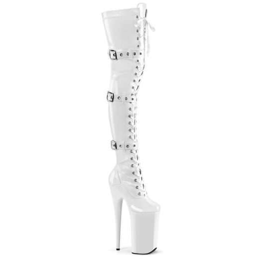 Product image of Pleaser BEYOND-3028 Wht Str Pat/Wht 10 Inch Heel 6 1/4 Inch PF Buckled Lace Up Thigh Boot Side Zip