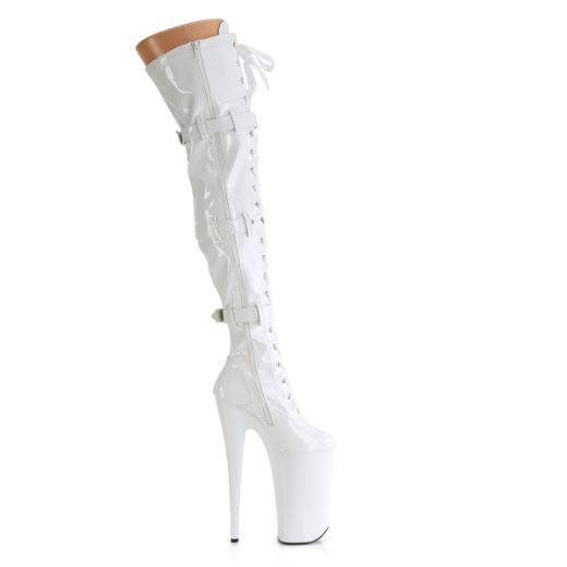 Product image of Pleaser BEYOND-3028 Wht Str Pat/Wht 10 Inch Heel 6 1/4 Inch PF Buckled Lace Up Thigh Boot Side Zip