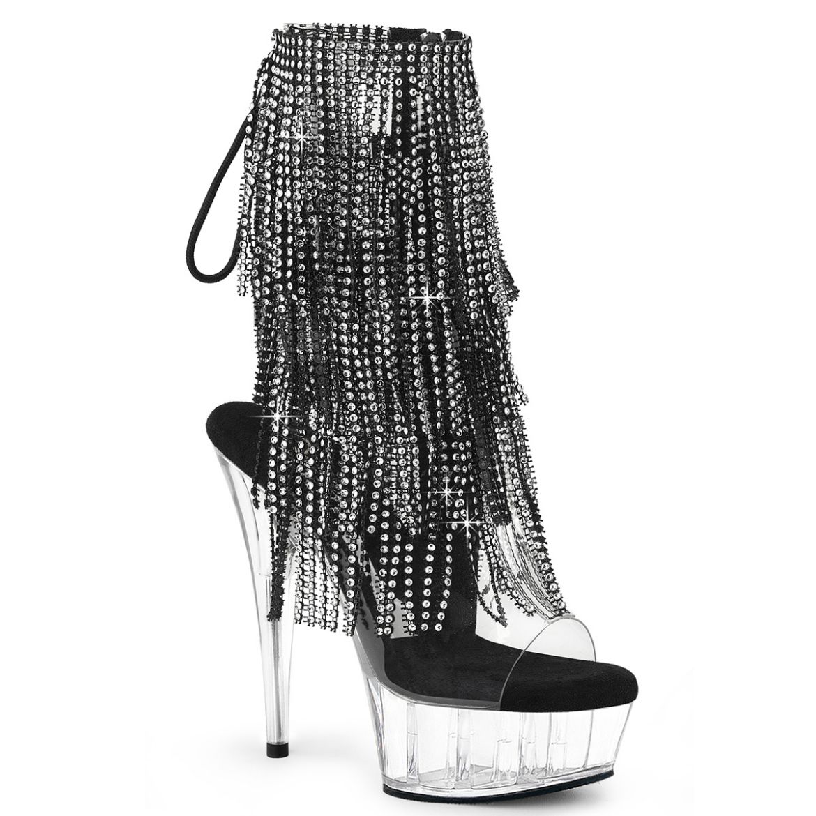 Product image of Pleaser DELIGHT-1017RSF Clr-Blk/Clr 6 Inch Heel 1 3/4 Inch PF Open Toe/Heel Lace-Up Fringe Ankle Boot