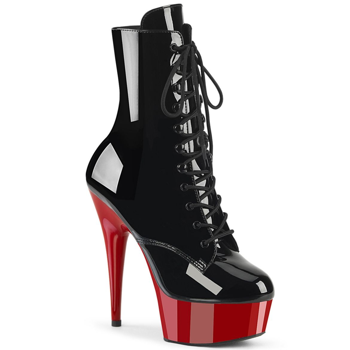 Product image of Pleaser DELIGHT-1020 Blk Pat/Red 6 Inch Heel 1 3/4 Inch PF Lace-Up Front Ankle Boot Side Zip