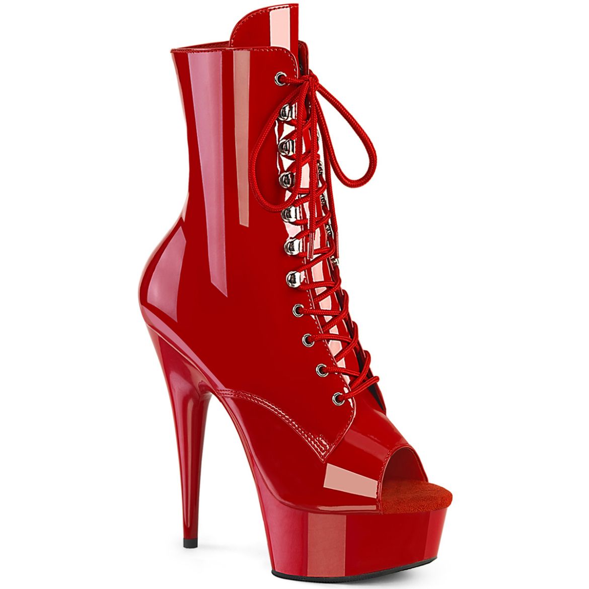 Product image of Pleaser DELIGHT-1021 Red Pat/Red 6 Inch Heel 1 3/4 Inch PF Peep Toe Lace-Up Ankle Boot Side Zip