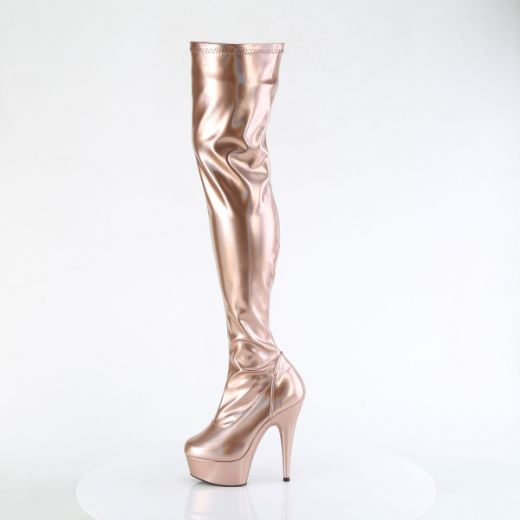 Product image of Pleaser DELIGHT-3000HWR Rose Gold Hologram Pu/M 6 Inch Heel 1 3/4 Inch PF Stretch Thigh Boot  12 Inch Side Zip