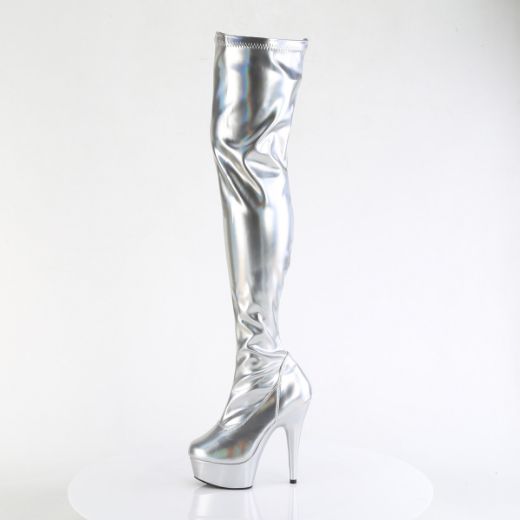 Product image of Pleaser DELIGHT-3000HWR Slv Hologram Pu/M 6 Inch Heel 1 3/4 Inch PF Stretch Thigh Boot  12 Inch Side Zip