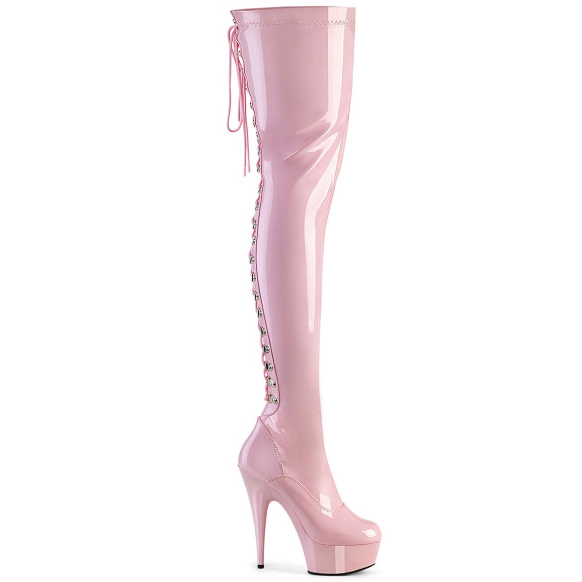 Product image of Pleaser DELIGHT-3063 B. Pink Str Pat/B. Pink 6 Inch Heel 1 3/4 Inch PF Back Lace Stretch Thigh Boot Side Zip