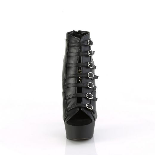 Product image of Pleaser DELIGHT-600-11 Blk Faux Leather/Blk Matte 6 Inch Heel 1 3/4 Inch PF Buckle Strap Cage Bootie Back Zip