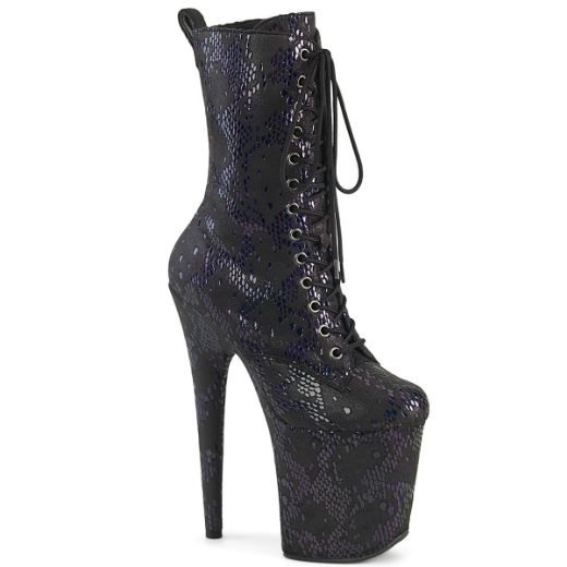 Product image of Pleaser FLAMINGO-1040SPF Blk Oil Slick Metallic Snake Print Fabric/M 8 Inch Heel 4 Inch PF Lace-Up Front Ankle Boot Side Zip