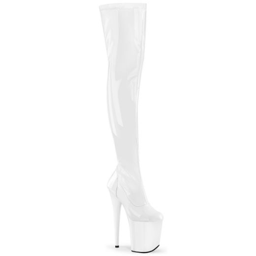 Product image of Pleaser FLAMINGO-3000 Wht Str Pat/Wht 8 Inch Heel 4 Inch PF Stretch Thigh Boot Side Zip