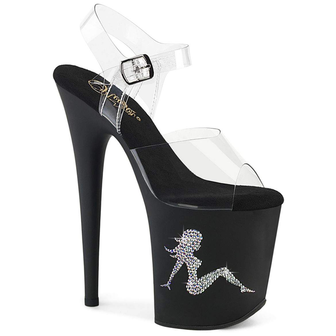 Product image of Pleaser FLAMINGO-808TGRS Clr/Blk-AB Slv 8 Inch Heel 4 Inch PF Ankle Strap Sandal w/RS Trucker Girl