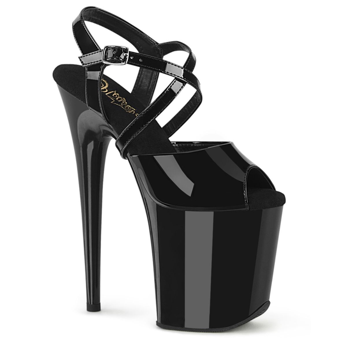 Product image of Pleaser FLAMINGO-824 Blk Pat/Blk 8 Inch Heel 4 Inch PF Criss Cross Ankle Strap Sandal