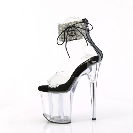Product image of Pleaser FLAMINGO-824RS Clr-Blk/Clr 8 Inch Heel 4 Inch PF Rhinestoned Ankle Cuff Sandal Back Zip