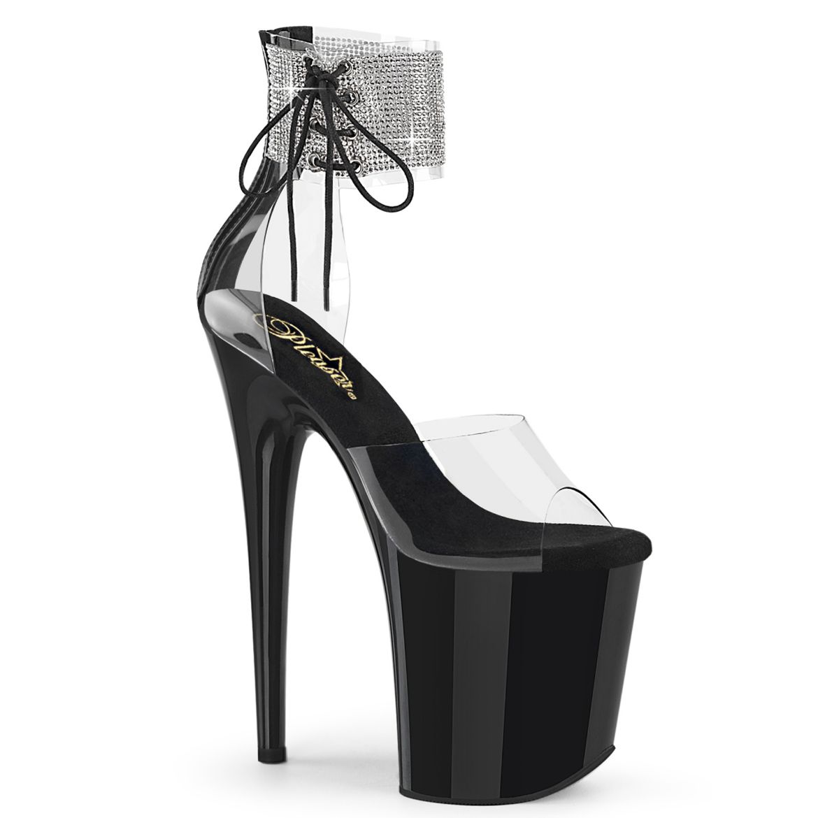 Product image of Pleaser FLAMINGO-824RS Clr/Blk 8 Inch Heel 4 Inch PF Rhinestoned Ankle Cuff Sandal Back Zip