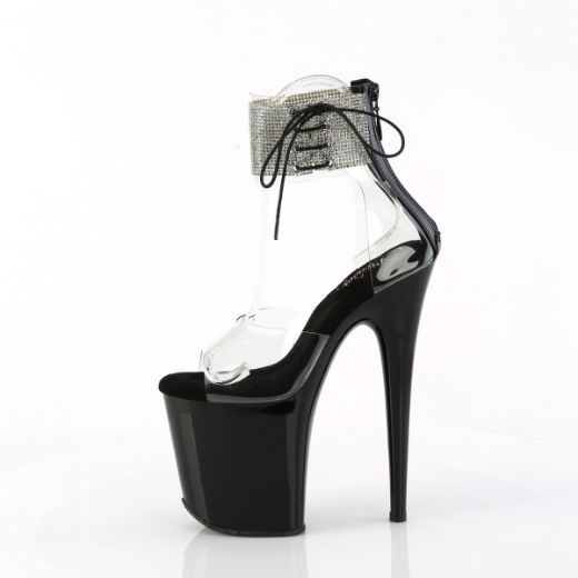 Product image of Pleaser FLAMINGO-824RS Clr/Blk 8 Inch Heel 4 Inch PF Rhinestoned Ankle Cuff Sandal Back Zip
