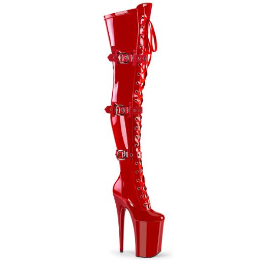 Product image of Pleaser INFINITY-3028 Red Str Pat/Red 9 Inch Heel 5 1/4 Inch PF Buckled Lace Up Thigh Boot Side Zip