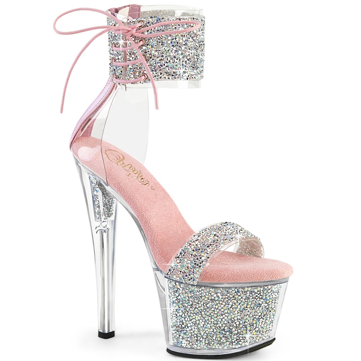 Product image of Pleaser SKY-327RSI Slv Multi RS-B. Pink/Slv RS 7 Inch Heel 2 3/4 Inch PF Ankle Cuff Sandal w/RS Back Zip