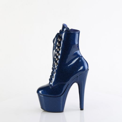 Product image of Pleaser ADORE-1020GP Navy Blue Glitter Pat/M 7 Inch Heel 2 3/4 Inch PF Lace-Front Ankle Boot Side Zip