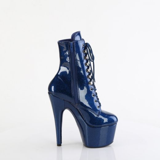 Product image of Pleaser ADORE-1020GP Navy Blue Glitter Pat/M 7 Inch Heel 2 3/4 Inch PF Lace-Front Ankle Boot Side Zip