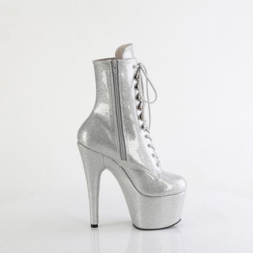 Product image of Pleaser ADORE-1020GP Slv Glitter Pat/M 7 Inch Heel 2 3/4 Inch PF Lace-Front Ankle Boot Side Zip