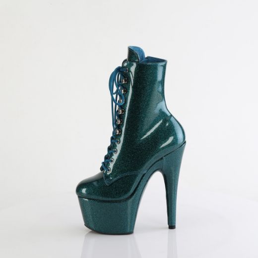 Product image of Pleaser ADORE-1020GP Teal Glitter Pat/M 7 Inch Heel 2 3/4 Inch PF Lace-Front Ankle Boot Side Zip