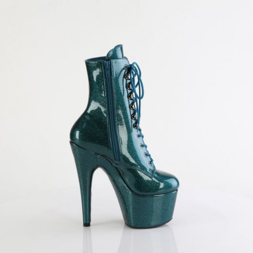 Product image of Pleaser ADORE-1020GP Teal Glitter Pat/M 7 Inch Heel 2 3/4 Inch PF Lace-Front Ankle Boot Side Zip